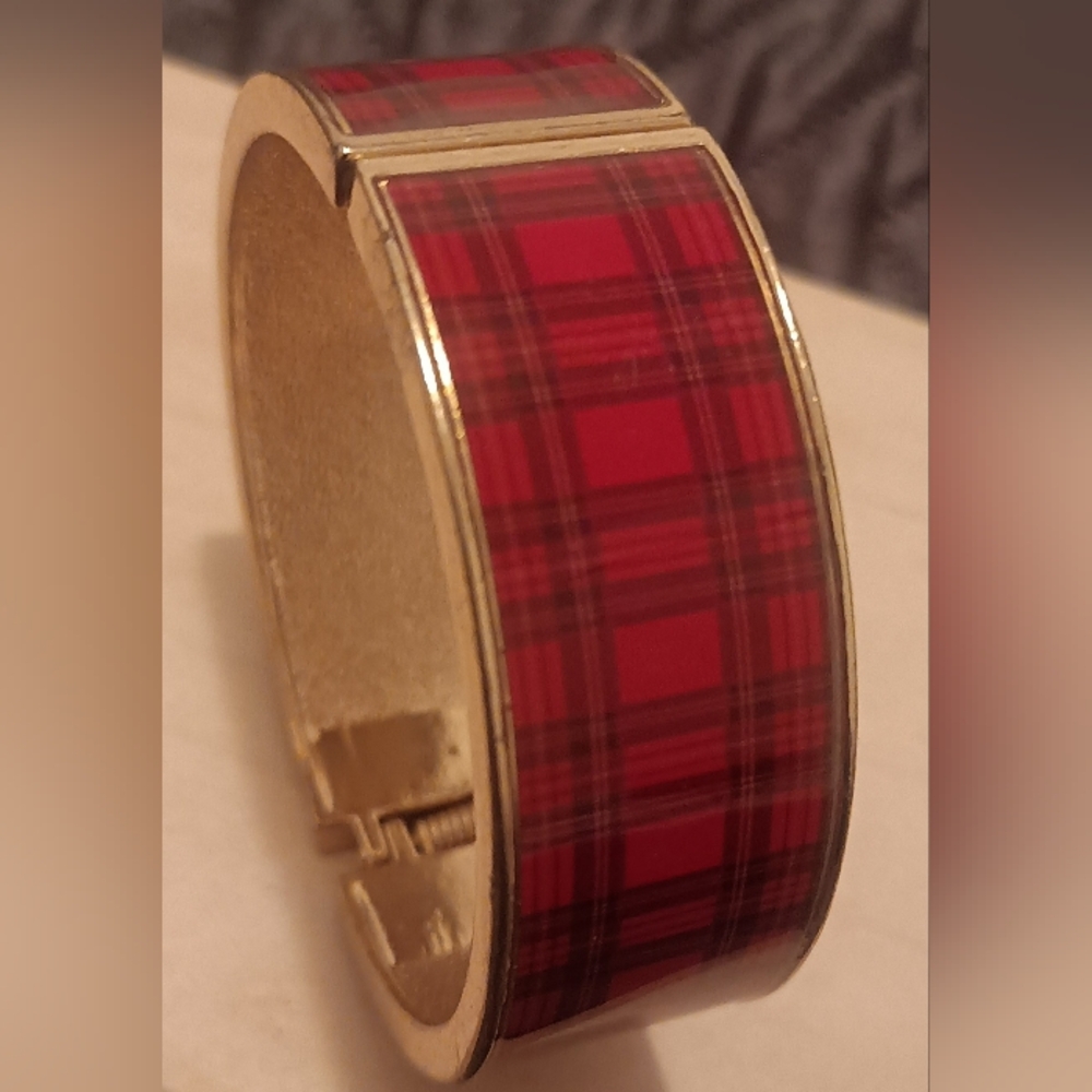 Gold-Trim Red Plaid Hinged Bangle Bracelet